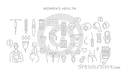 Women health, hygiene and contraception set of line icon Vector Illustration