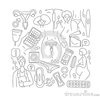 Women health, hygiene and contraception set of line icon Vector Illustration