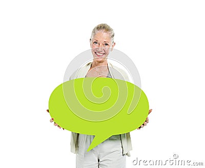 Women Holding Green Chat Bubble Stock Photo