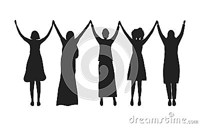 Women holding hands. Black silhouettes of women. International Women`s Day concept. Women`s community Vector Illustration