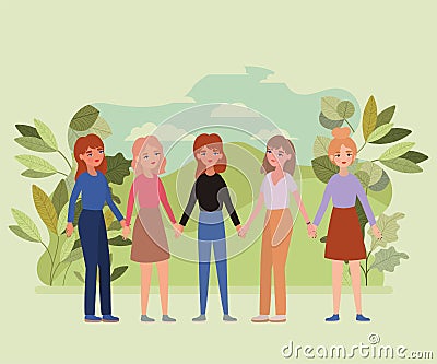 Women holding hands leaves and clouds vector design Vector Illustration