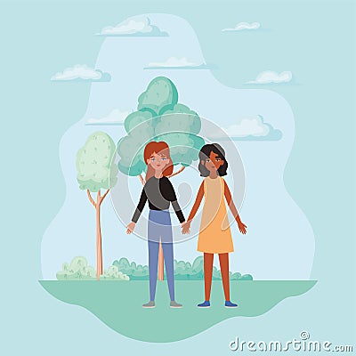 Women holding hands trees shrubs and clouds vector design Vector Illustration