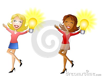 Women Holding Lightbulbs Cartoon Illustration