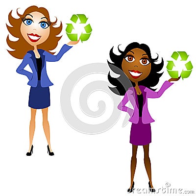 Women Holding Recycle Symbols Cartoon Illustration