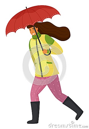 Women holding red umbrella in raining walking in cool weather isolated on white background Vector Illustration
