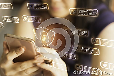 Women holding smartphone in hand with interface screen binary and block chain icon,concept internet financial transaction security Stock Photo