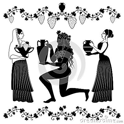 Women holding vessel and fruit bowl and man or God Dionysus kneeling, grabbing amphora and crowned with grape leaves and grapes. Stock Photo