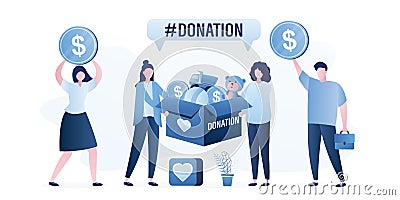 Women holds big box with donations, people philanthropists with coins. Donation concept banner. Toys and money in box. Female Vector Illustration