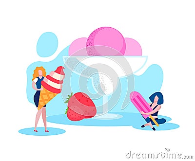 Women with Ice Cream. Strawberry Ice Cream Balls. Vector Illustration