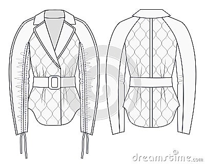 Women Jacket fashion flat technical drawing template. Coat fashion design set. Cropped Coat flat design, front and back, white. Vector Illustration