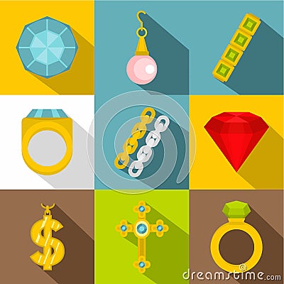 Women jewelry icon set, flat style Vector Illustration