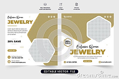 Women jewelry store promotion template vector with golden and dark colors. Modern jewelry business social media post design for Vector Illustration