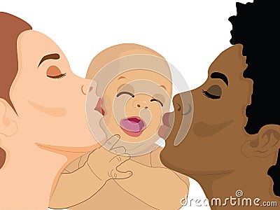 Caucasian and African woman kissing a baby Vector Illustration