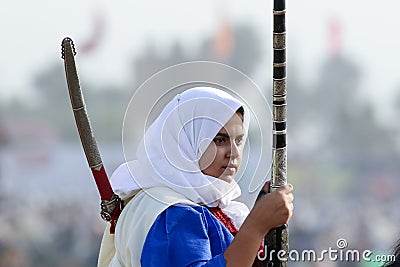 Women Knight horse from Morocco with traditional clothes in Morocco-Moussem Moulay Abdellah Amghar Tbourida Editorial Stock Photo