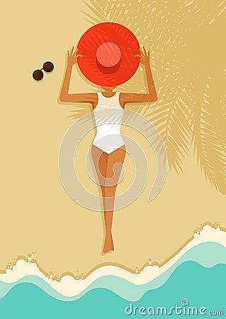 A women laying down on beautiful beach. Summer time and happy holiday concept flat design style Cartoon Illustration