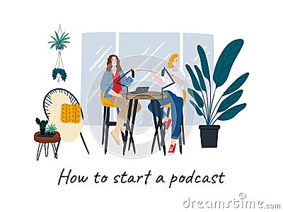 Women lead a podcast at home office. Girls talking sitting at the table. Trendy minimalist scandinavian interior design Vector Illustration