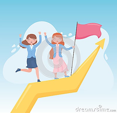 Women leadership together successful business climbed arrow up with flag Vector Illustration