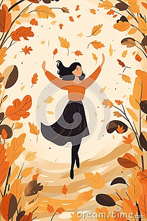 Women leaf happy meditating character active autum Cartoon Illustration