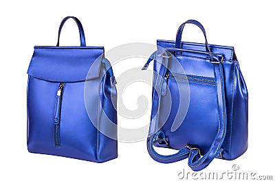 Women leather blue backpack isolated on white background Stock Photo