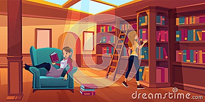 Women in library reading and searching books. Vector Illustration