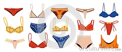 Women lingerie. Doodle underwear clothing. Swimming suit. Bra and bikini panties. Undies with thongs and laces. Fashion Vector Illustration