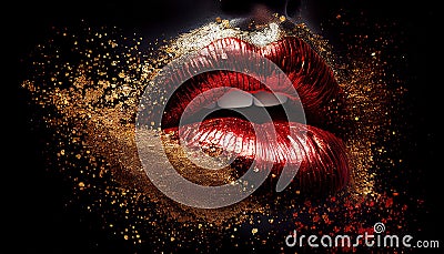 Women Lips with Colorful Splashes Red and Gold Paint Glossy Colored Lips on a Moody Background AI Generative Stock Photo