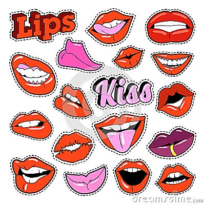 Women Lips Set with Kiss and Smile for Prints Vector Illustration