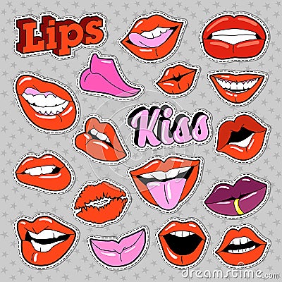 Women Lips Set with Kiss and Smile for Prints, Badges, Patches, Stickers Vector Illustration