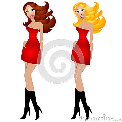 Women in Little Red Dresses Cartoon Illustration