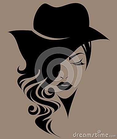 Women long hair with a hat, logo women face on brown background Vector Illustration