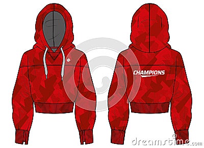 Women Long sleeve cropped Hoodie jacket sweatshirt design template in vector, girls Hooded jacket sweater with front and back view Vector Illustration