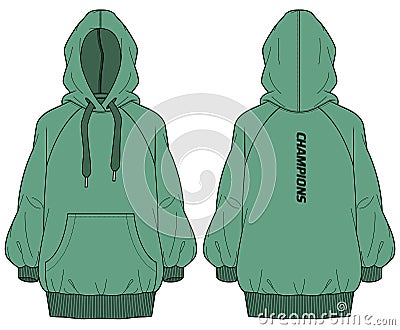 Women Long sleeve Hoodie jacket sweatshirt design flat sketch illustration, girls Hooded jacket sweater with front and back view, Vector Illustration