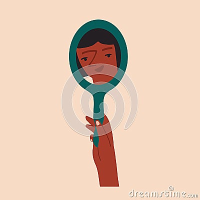 Women looking in the mirror and smiling, positive thinking and self acceptance illustration. Vector Illustration