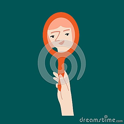 Women looking in the mirror and smiling, positive thinking and self acceptance illustration. Vector Illustration