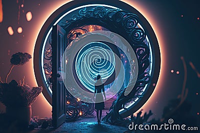 Women looking into a portal with psychic waves Stock Photo