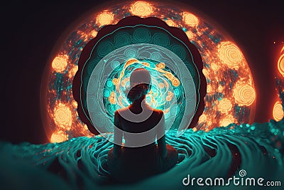 Women looking into a portal with psychic waves Stock Photo