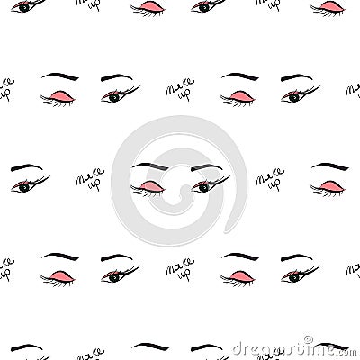 Women make up beauty fashion seamless pattern eyes, text, cosmetic. Contour vector illustration. Vector Illustration
