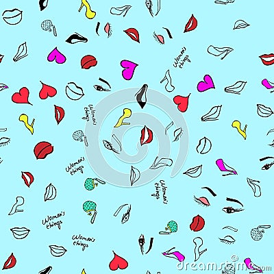 Women make up and beauty products fashion seamless pattern cosmetic, lipstick, bag, shoe contour vector illustration Vector Illustration