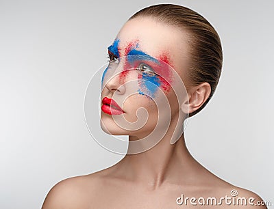 Women Makeup Beauty blue red eye colors Stock Photo