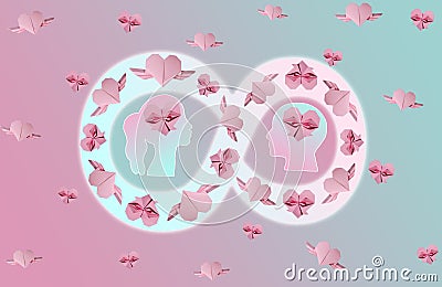 women and man on the background of hearts, infinity love, pink and blue love design Stock Photo