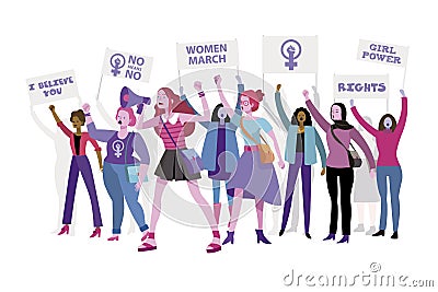 Women march protesting and vindicating their rights Stock Photo