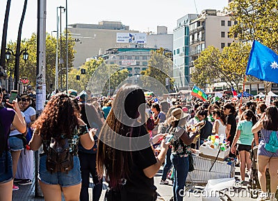 Women marching at International Women's Day 8M Strike - Santiago, Chile - Mar 08, 2020 Editorial Stock Photo