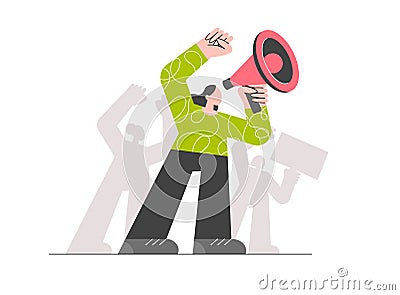 women with a megaphone at a protest. Feminism. Vector Illustration