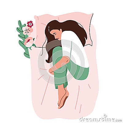 Women during menstrual period vector illustration. Girl lying on the bed, embracing herself, crying from pain, in Cartoon Illustration