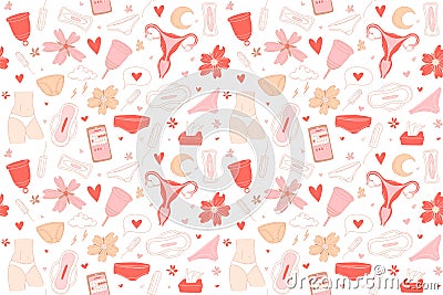 Women menstruation periods seamless pattern underpants, pads, tampons, menstrual cup Vector Illustration