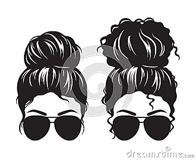 Women with Messy Bun and Sunglasses Face Silhouette Cartoon Illustration