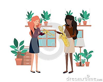 Women with musical instruments in living room Vector Illustration