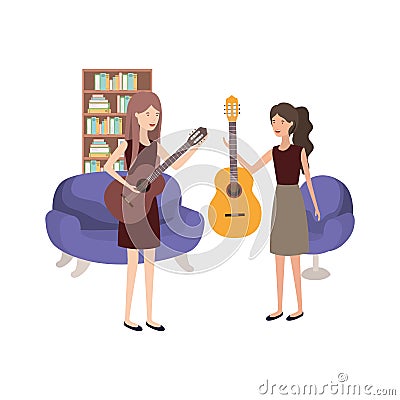 Women with musical instruments in living room Vector Illustration