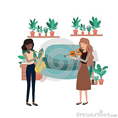 Women with musical instruments in living room Vector Illustration