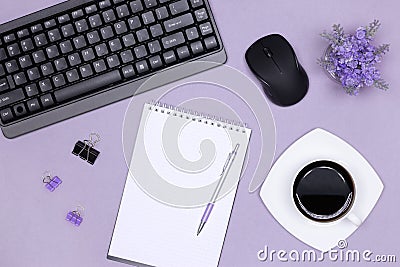 Women neat workplace. Keyboard with computer mouse, blank notebook, stationery, coffee cup on office desk. Top view, flatlay Stock Photo